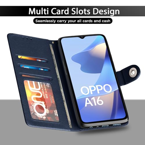 Image of Pikkme Flip Cover Leather Finish | Inside TPU with Card Pockets | Wallet Stand and Shock Proof | Complete Protection Button Flip Case for Oppo A16 (Blue)