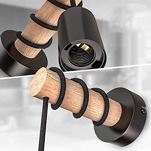 Aplique de pared E27 en madera y hierro negro estilo retro para dormitorio 5