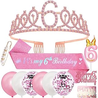6th Birthday Decorations, 6th Birthday Sash and Tiara Girls Birthday Presents,Birthday Crown Tiara Headband Birthday Sash for Girls,6th Birthday Balloons Candles Cake Topper Gifts for 6 Year Old Girls