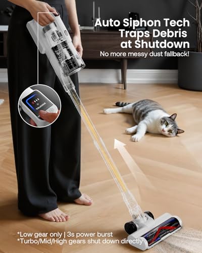 Image of Cordless Vacuum Cleaner for Home, Upgraded 60Kpa Powerful Suction Pet Hair Vacuum with 70min Runtime, Green LED Light for Hardwood Floors & Carpet, Self-Standing Rechargeable Stick Vacuum, Grey-white