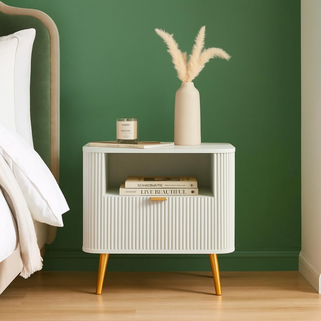 HDMR Bedside Table with Drawer & Open Shelf | Fluted Nightstand Cabinet | Storage Organizer with Iron Legs | Compact Side ... - Review, Price and Buying Guide