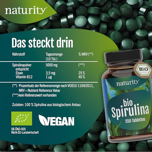 BIO Spirulina Tabletten I 550 Presslinge, 100% gemahlene Spirulina I Mit natürlichem Eisen-Gehalt I Ökologisch kultiviert & Bio-zertifiziert I Vegan, ohne Zusätze & Rückstände I Naturity