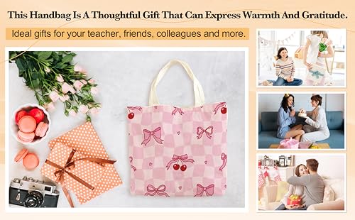 Bolso tote rosa con lazo para mujer, bolso de lona con diseño de cerezas y lazo, ideal como regalo para cumpleaños o Navidad, bolso de hombro para trabajo, compras, viajes o vacaciones miniatura 6