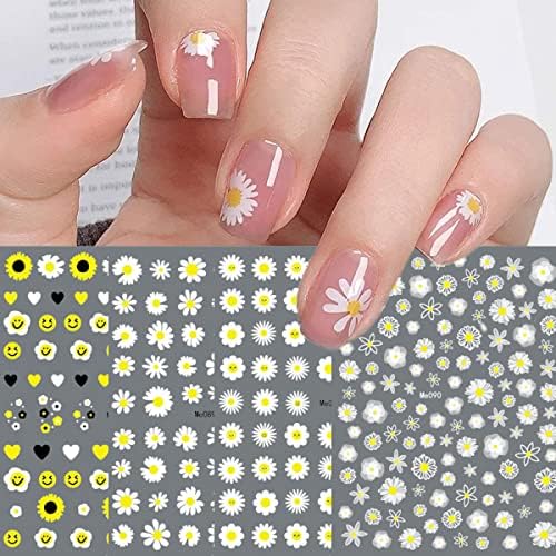 12 Sheets Spring Daisy Sunflower Nail Art Stickers Decals Self Adhesive Cute Smile Face Summer White Yellow Flowers Floral Design Manicure Tips Nail Decoration for Women Girls Kids