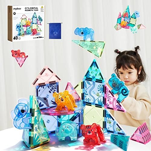 MiDeer Magnetic Tiles, Jungle Animals 40 Piece Set, 3D Magnets Building Blocks for Toddlers Preschool Educational Stem Creativity/Construction Toys Gifts for Kids 3 4 5 6 7 8+ Year Old Boys Girls