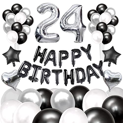 60枚 24歳 誕生日 飾り付け セット 数字バルーン 組み合わせ 「HAPPY BIRTHDAY」バナー ブラック シルバー 風船 誕生日 デコレーション 男の子 女の子