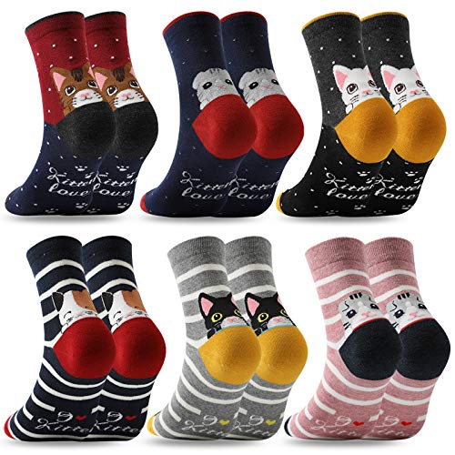 MOCOCITO Calcetines Mujer, 6 Pares Calcetines de Gato Mujer Invierno, Calcetines Térmicos de Algodón Divertidos Adorable Regalos Originales