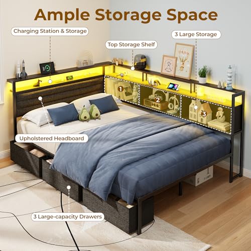 Image of OURPIC Full Size Bed Frame with Headboard and Storage Drawers, Full Metal Platform Corner Bed Frame with Charging Station and LED Lights, Heavy Duty Strong Support Slats and Easy to Assemble, Black