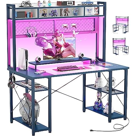 armocity 2024 Upgrade Gaming Desk with Hutch, 48'' Magic Computer Desk with LED Lights and Outlets, Reversible Workstation Desk with Pegboard and Monitor Stand, 48 Gamer Desk PC Table, White and Blue Cover