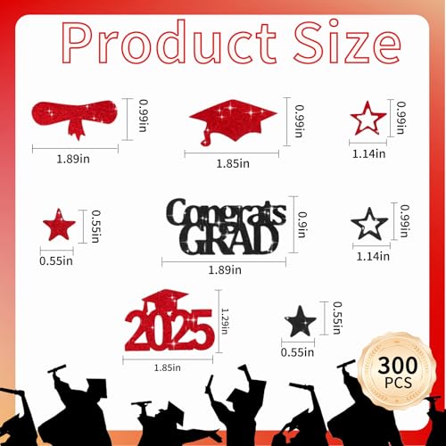 Image of 300Pcs Glitter Red and Black Graduation Table Confetti with Star，Congrats Grad Confetti 2025 Decorations, Perfect for Graduation Party Decor, Class Of 2025 Celebration Supplies
