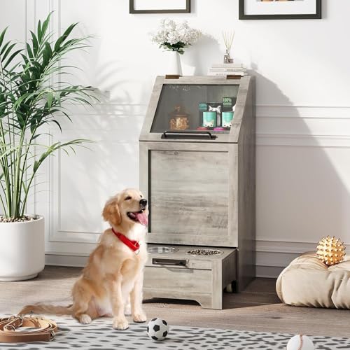 Crevyteg Station d'alimentation pour Chien avec Rangement – Meuble de Stockage pour croquettes avec 2 gamelles surélevées, Porte-croquettes et Crochets – Organisateur à Jouets – Blanc – vue 5
