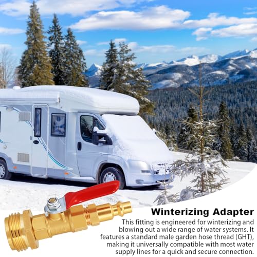 Image of SIGURANTA RV Winterize /Winterization Blowout Adapter - Brass with Ball Valve, 1 /4 inch Male Quick Connect to 3 /4 inch Male GHT Garden Hose Thread