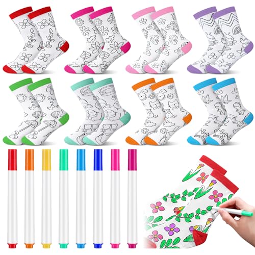 Glitopper Kids Doodle Socks, Color Your Own Socks 8 Pairs and 8 Fabric Pen for Coloring, Kid Drawing DIY Crafts Art Gifts (S)