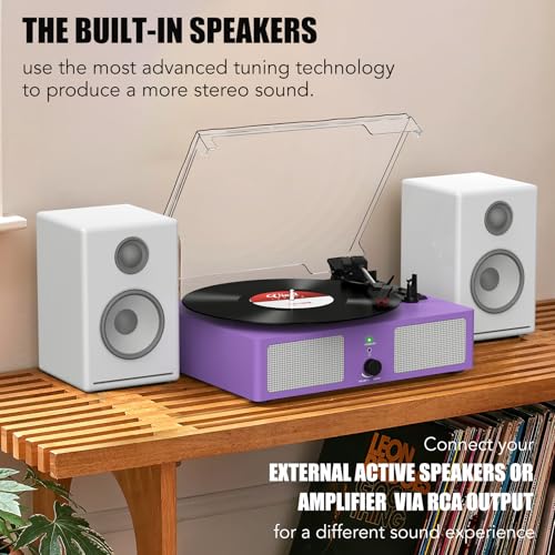 Image of Vinyl Record Player with Built-in Speakers and USB,Belt-Driven Bluetooth Turntable with 3 Speed AUX Input Headphone Jack and RCA Output Vintage Wooden Purple