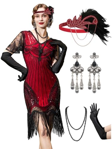 YESSA 1920s Flapper Dress for Women, Red, Adult, Women-Adults, Female, Costume, Flapper, Great Gatsby Dress, Roaring 20s Costume with 20s Accessories