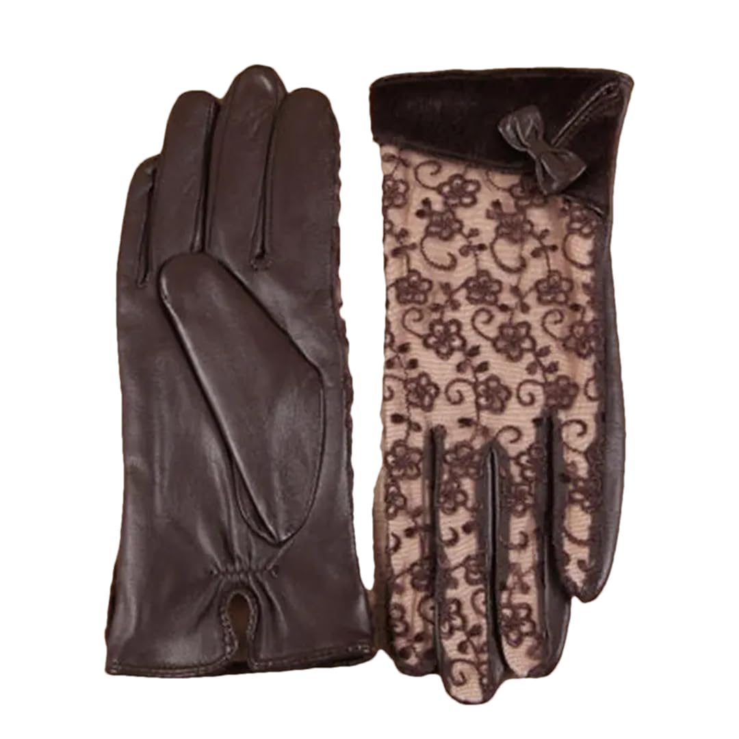 Guantes de cuero para mujer, con empalme de encaje, guantes de conducción con forro femenino, color marrón, talla M, Gris oscuro9, M