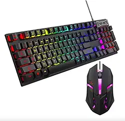 Kit Teclado + Mouse Gamer LED, Iluminação RGB, Efeito de luz ajustável, Conexão USB Plug & Play, Semi Mecânico, ABNT2, 3200 DPI