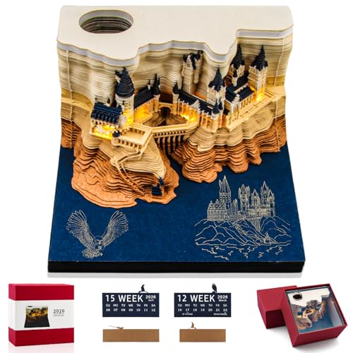 2026 3D Desk Calendar 3D Paper Sculpture Calendar with Light & Dust Cover DIY Paper Carving Art Memo for Office Desktop Decoration Tearable Creative Note Pad Gifts for Friends Christmas