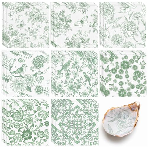 16 Pcs 8 Styles Decoupage Napkins Sage Green Floral Paper Napkins Chinoiserie Decorative Cocktail Napkin Pretty Printed Cocktail Paper for DIY Crafting Furniture Decor Birthday Party Baby Shower