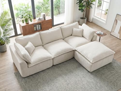 Image of COSIEST 108'' Boneless Sectional Couch, Modular Sectional Sofa with Ottoman, 4 Seater L Shaped Cloud Couch for Living Room, Beige