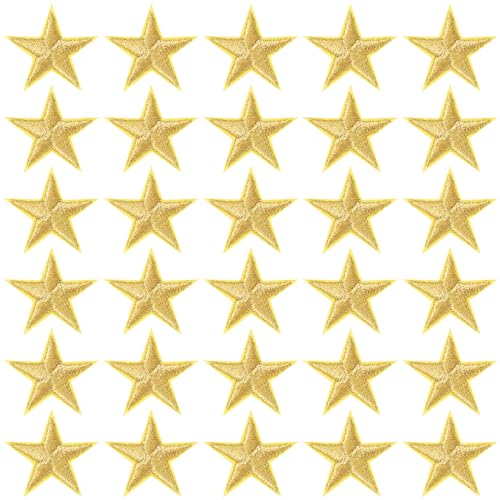 PAGOW 30 Pcs Gold Star Iron on Patch 1 Inch Sew on Star Embroidered Patches Iron on Patches Embellishments for Clothes Hats Jackets Backpacks Star Decor Appliques Decoration (Gold 1)