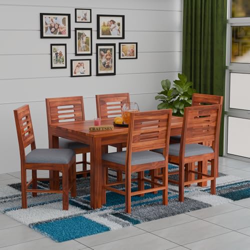 Image of Solid Sheesham Wood 6 Seater Dining Table Set | Six Seater Dinner Table with 6 Grey Cushions Chairs | Dinning Table Set 6 Seater for Living Room | Honey Finish