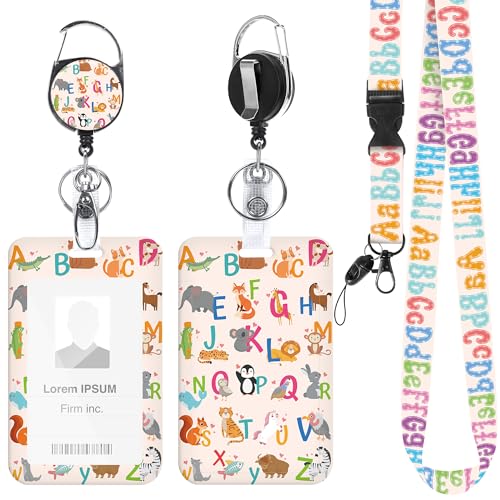 Teacher Lanyard with ID Badge Holder and Retractable Badge Reel, Animal Alphabet Design ID Holder Set, Gift for Kindergarten or Preschool Teachers