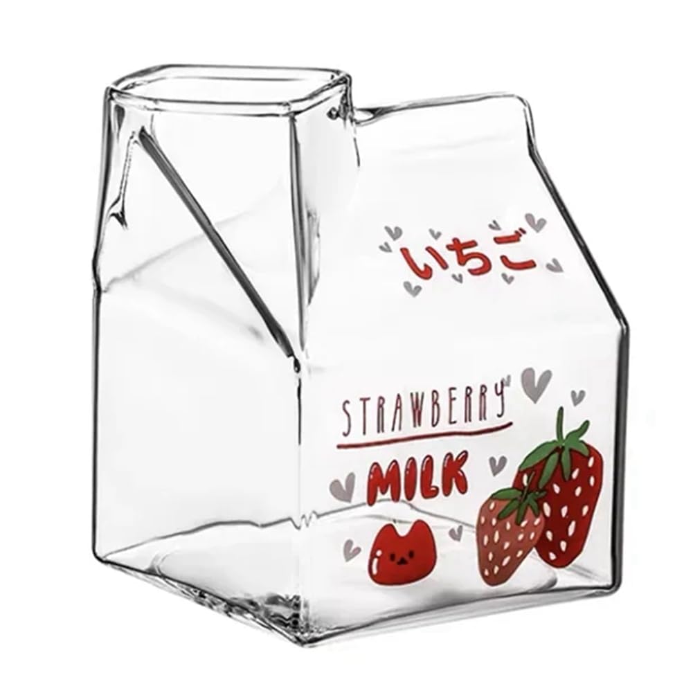 CTRLZS 380Ml Kawaii Square Milk Carton Glass Cup Heat Cute Strawberry Peach Breakfast Cup Pudding Cup Milk Bottles Easy to Use, A