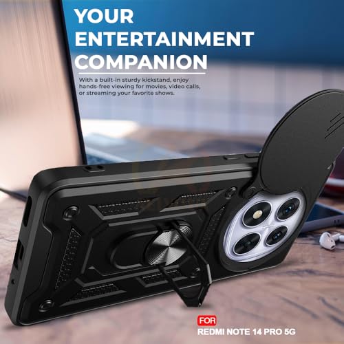Image of Armor Bumper Back Cover Case for Redmi Note 14 Pro 5G Rotating Camera Cover, Ring Holder & Kickstand | Heavy Duty & 360 Degree Protection Redmi Note 14 Pro 5G Back Cover (Black)