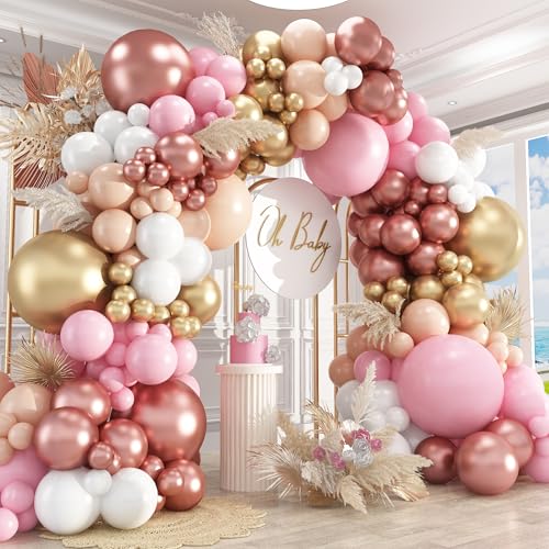 Image of 412Pcs Rose Gold Balloon Garland Arch Kit,18 12 10 5 Inch Nude Pastel Pink Metallic Gold White Balloons for Women Girls Birthday Bridal Baby Shower Decorations