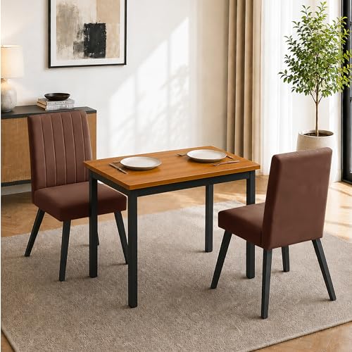 Image of Rosebell Set of 2 Dining Table Chairs with Wooden Top Table, Upholstered Cushioned Chairs, Modern Compact Dining Set for Home, Kitchen & Dining Room (Brown)