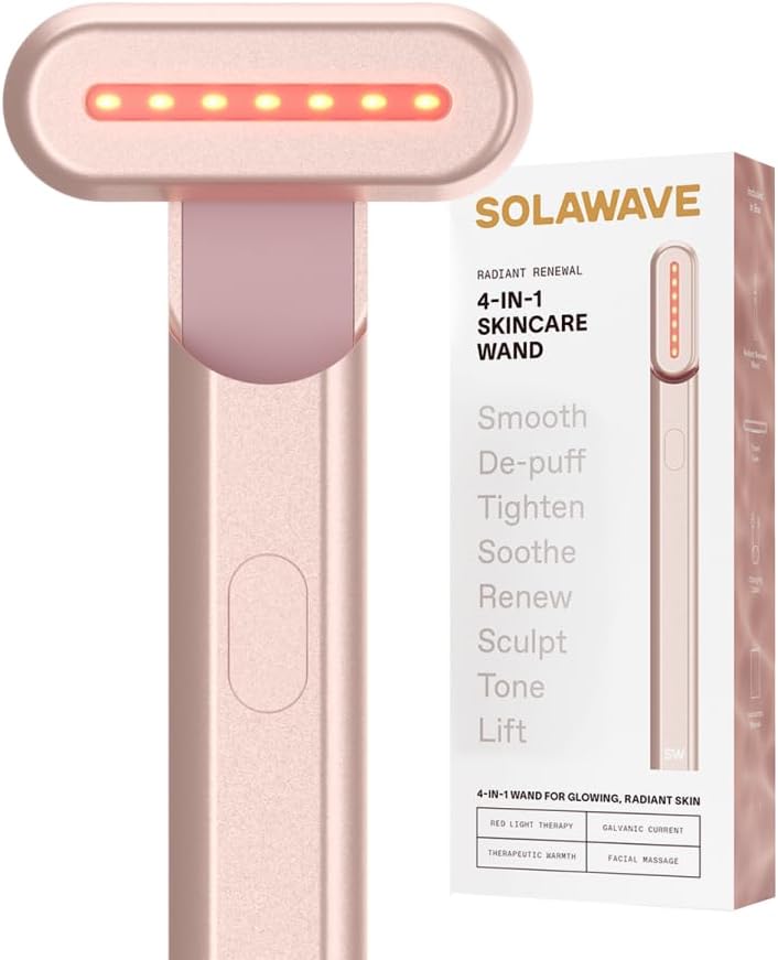 Solawave 4-in-1 Red Light Therapy Wand for Face & Neck (Rose Gold) | FDA-cleared for face wrinkles. Red Light Therapy, Galvanic Current, Warmth & Massage work together for firmer, glowing skin.