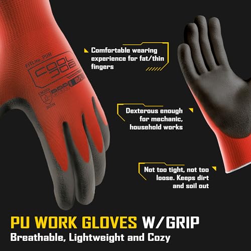 Image of COOLJOB 60 Pairs Safety Work Gloves Pack Bulk with Grip PU Coating, 13 Gauge Seamless Knit Gloves with Polyurethane Dipped for Warehouse Working, Breathable Lightweight for Men Women, Red Medium