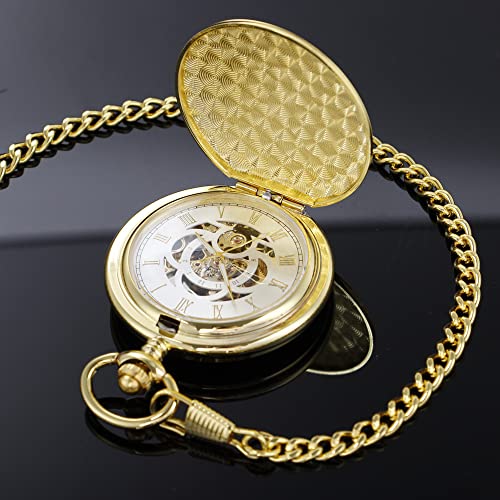Image of Mens Pocket Watch Skeleton Mechanical Hand Winding Half Hunter Silver Black Golden Case Roman Numerals with Gift Box