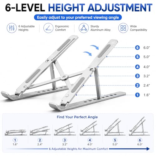Image of Adjustable Laptop Stand Foldable Aluminium Laptop Holder with 6 Level Height | Portable Anti Slip Cooling Stand for 10-17 Inch Laptop, MacBook, Notebook (Silver)