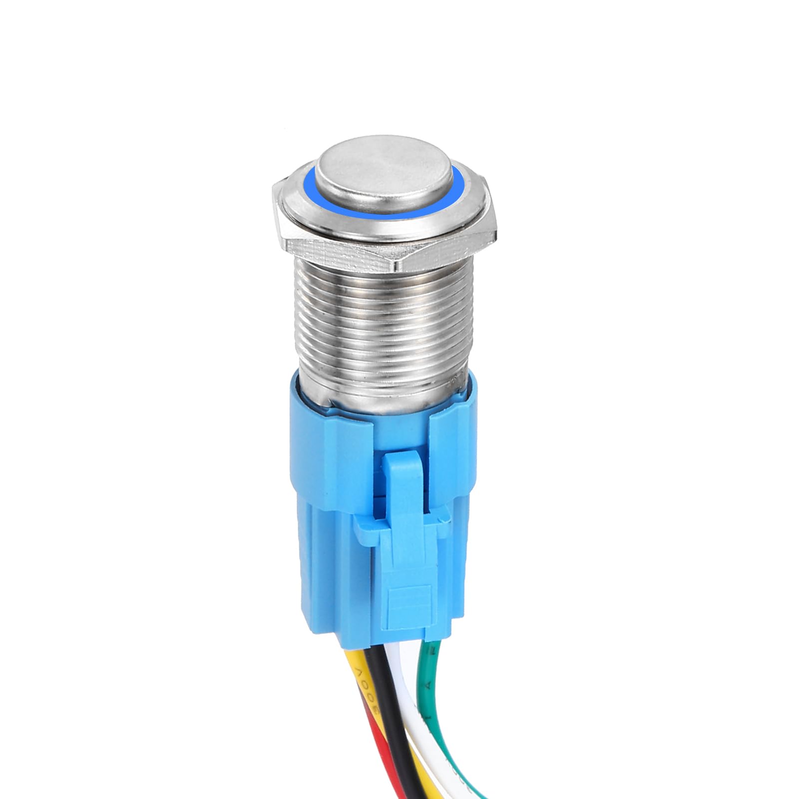 DMiotech 7/8 Inch Stainless Steel Latching Push Button Switch Domed Head 5A 12-24V Silver Shell 6 Pin with Cable Socket Blue Ring LED 1NO1NC for Car Boat Systems Custom Setups