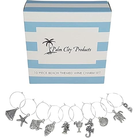 Palm City Products 10 Piece Beach Themed Wine Charm Set - Nautical Stemmed Wine Glass Charms Cover