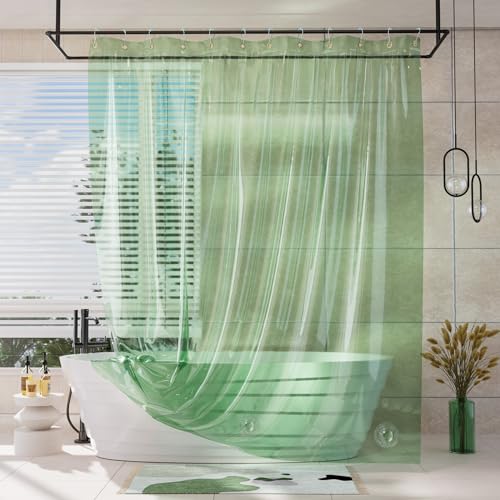 Image of AmazerBath Heavy Duty Shower Curtain and Liner 2-in-1, 100% EVA Luxury Soft Clear Mint Green Shower Curtain Liner, 72x72 Plastic Weighted Shower Curtain, 12 Rustproof Grommets & 3 Heavyweight Stones