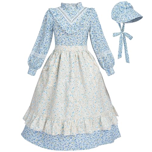 FCCAM Prairie Colonial Dress Girls Long Sleeve Pioneer Dress Costume Floral Pioneer Girl Laura Ingalls Wilder Blue XL