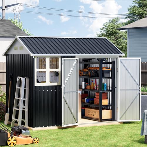 Grovellis 8x6 FT Outdoor Metal Storage Shed,Double Doors, 1 Clear Window, Tool Shed for Garden,...