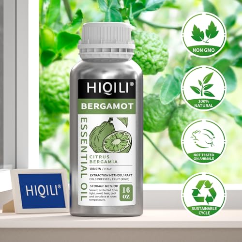 Image of HIQILI Bergamot Essential Oil for Diffuser, Skin, Hair, DIY, 100% Pure & Natural - 16 Fl Oz (500 mL)