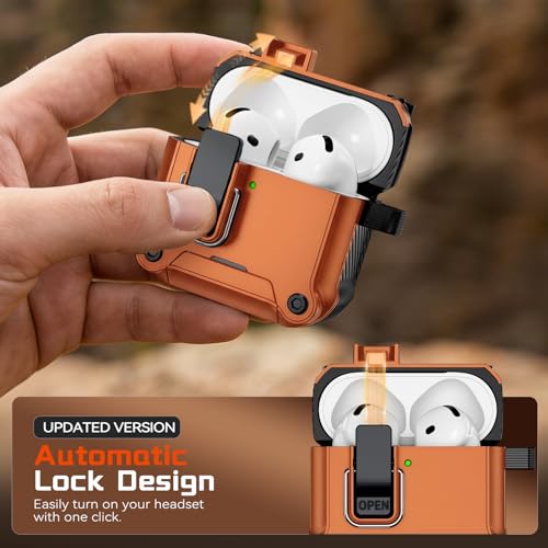 Image of Inesore for AirPods 4 Case with Secure Lock (Orange) | Phone Stand Design,Compatible with MagSafe,Automatic Snap Switch Secure Cover with Cleaner Kit & Keychain