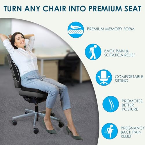 Image of Memory Foam Seat Cushion and Lumbar Support Pillow Set, Breathable, Black for Office Chair car - Black Combo