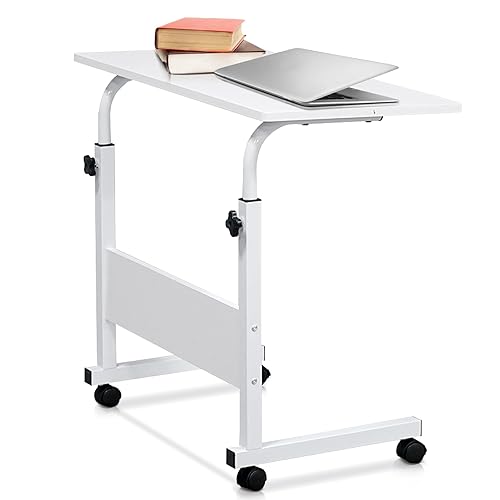 Karl home Mobile Side Table 31.5 inch Computer Desk with Wheels Height Adjustable Rolling Potable Laptop Cart, C-Shaped Bed Couch Sofa End Tables with Edge Stopper for Livingroom Bedroom, White - 31.5" - White