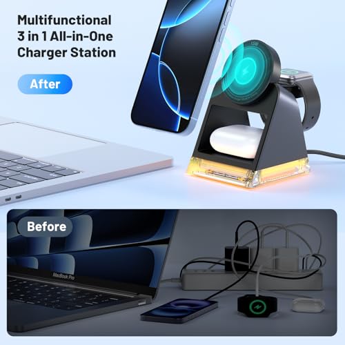 Image of 3 in 1 Fast Charging Station for Multiple Apple Devices, Portable Wireless Charger Stand with Magsafe,Magnetic Travel Charge Dock for iPhone 16e /15 Pro Max /14 Plus /13 Mini /12 /Apple Watch Ultra /AirPods
