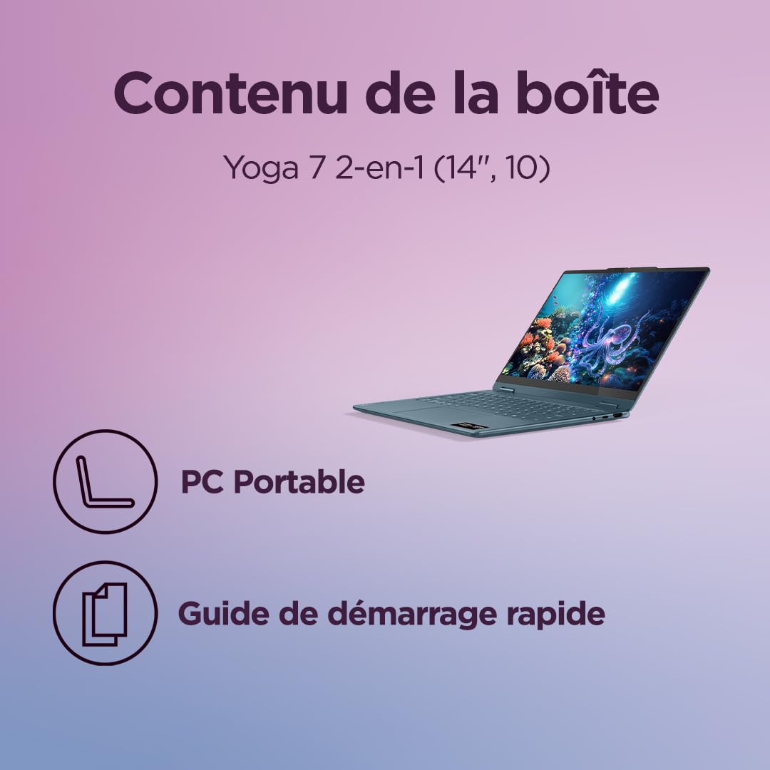 Lenovo Yoga 7 2-in-1 14AKP10 - Ordinateur Portable 2-en-1 14'' OLED Tactile Copilot+(AMD Ryzen AI 7 350, RAM 16Go, SSD 512Go, AMD Radeon 860M, Windows 11 Home) Clavier rétroéclairé AZERTY - Tidal Teal