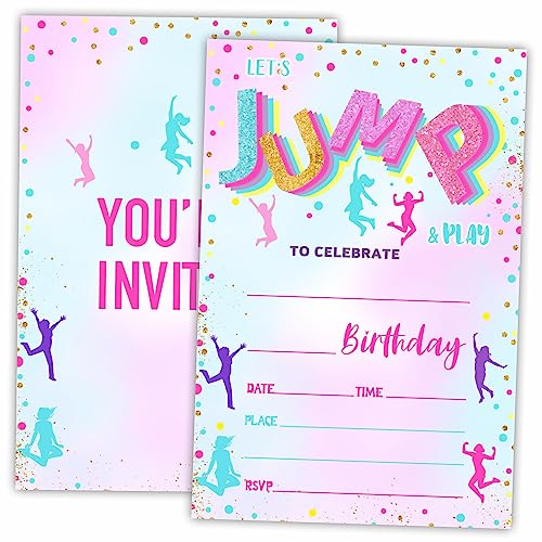 AWSICE Let's Jump & Play Birthday Invitations, Trampoline Double-Sided Fill-In Invite Cards For Birthday Party, 20 Invitations With Envelopes, Decorations,Party Favor And Supply-B01