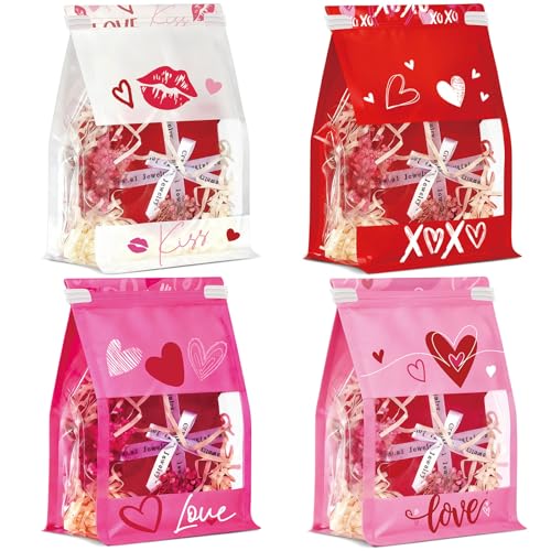Pajean 28 Pack Heart Printed Gift Bags with Tin Tie Lock, Plastic Heart Candy Goodies Bags Red Pink Treat Favor Bag Cookies Packaging Bag for Mother's Day Her Valentine's Day Wedding Gift Giving
