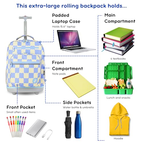 Image of J World Sundance Laptop Rolling Backpack for Girls Boys. Roller Bookbag with Wheels, 20 Inch, Wiggle Blue