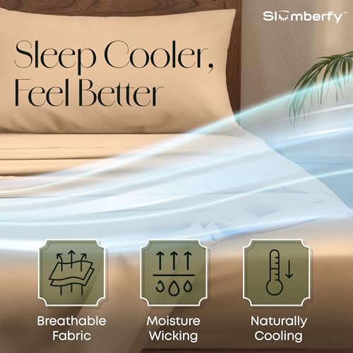 Image of Slumberfy 4-Piece 400 TC Viscose Derived from Bamboo Sheets, Full Size - 1 Fitted, 1 Flat, 2 Pillow Cases - Deep Pocket Cooling Viscose-Bamboo Bed Sheets in Magnetic Closure Gift Box, Sand